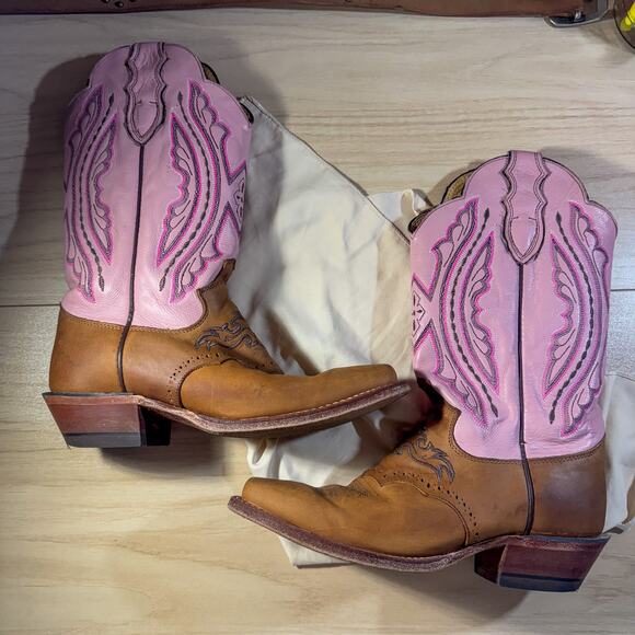 JUSTIN Made in USA Pink & Brown Leather Square Toe Boots Women's Size 7.5 B - Picture 3 of 11
